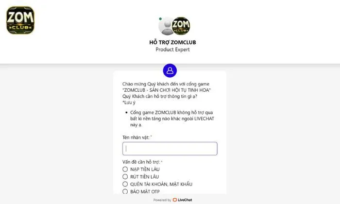 Chăm sóc khách hàng Zomclub Liên hệ Zomclub qua Livechat